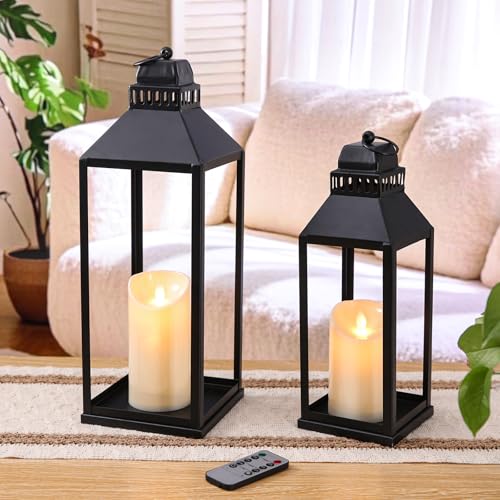 Black Decorative Lanterns Indoor Outdoor Set of 2 - 17 and 13 Inches with Candles - Square Top