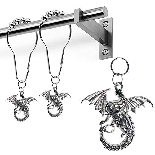 Silver Dragon Shower Curtain Hooks - Set of 12 Decorative Stainless Steel