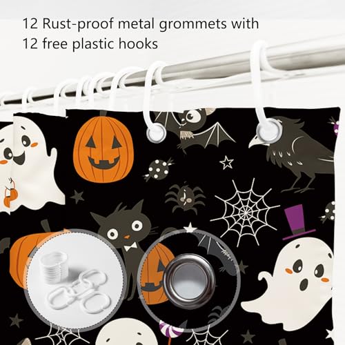 MEHOFOND Black Halloween Shower Curtain - Skull & Bat Design, 72x72 in