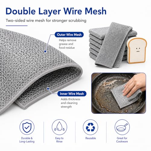 Muwfeuin Non-Scratch Wire Dishcloths 6-Pack with Sponge