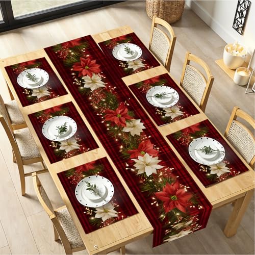 Christmas Table Runners and Placemats Set of 6 with Poinsettia - Red Plaid Holiday Decor 124