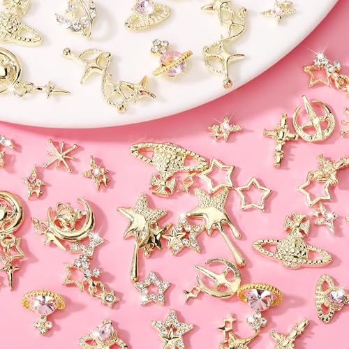 COOSLIM 60PCS Gold Nail Charms 3D Y2K Star Saturn Nail Rhinestone Gems
