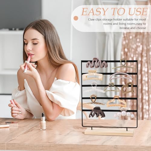 Black 5-Tier Hair Claw Clip Holder with Wooden Base Organizer