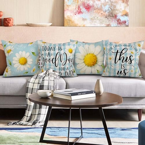 Unibyby 18x18 Floral Daisy Linen Throw Pillow Covers, Set of 4 (Daisy-2026)