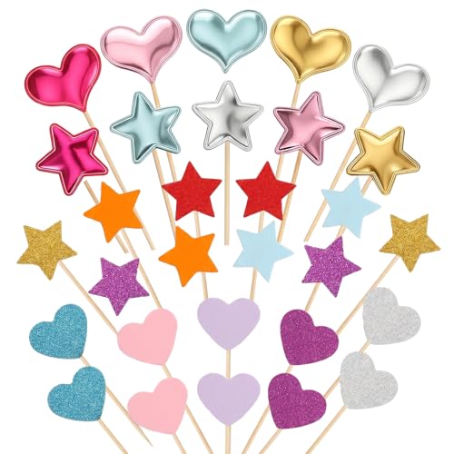 30 Pcs Glitter Star and Heart Cupcake Toppers Rainbow Cake Picks