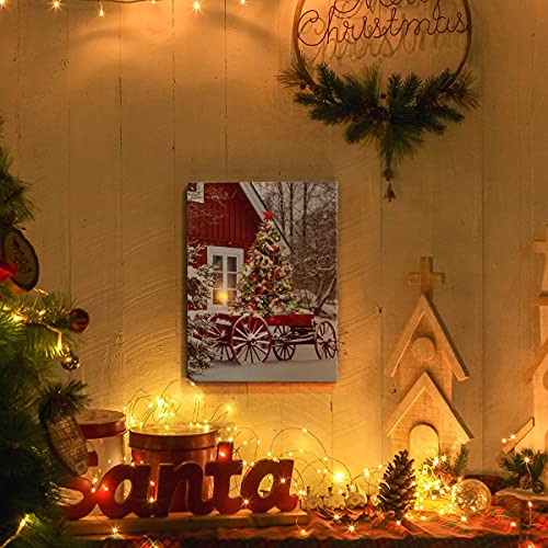 Christmas LED Lighted Canvas Wall Art - Snow House & Tree Scene - Red Variation