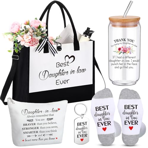 Daughter-in-Law Gift Set with Glass Mug Tote Bag Makeup Bag Keychain Socks - Thank You & Best Daughter-in-Law Ever