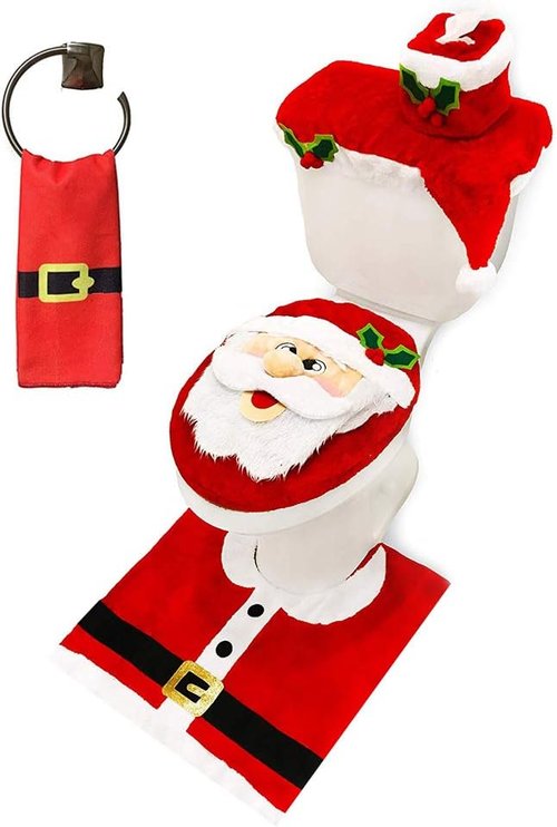 JOYIN Christmas Bathroom Decoration Set - 5 Pieces with Toilet Seat Cover, Rugs, Tank Cover & Santa Towel