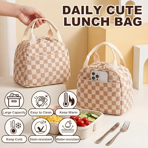 LEDAOU Insulated Corduroy Lunch Bag - Brown Checkered Small Lunch Tote