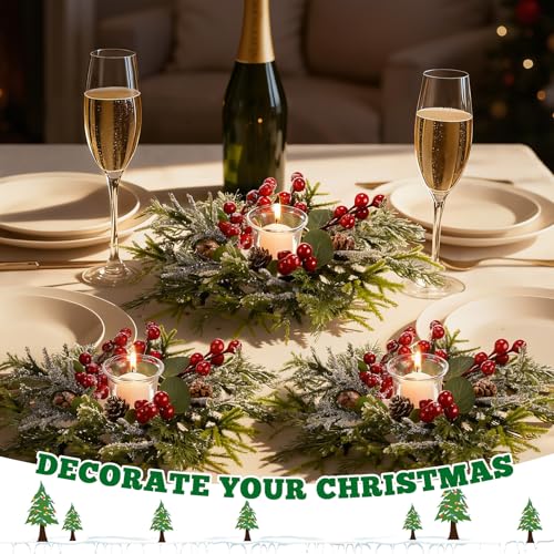 Christmas Candle Ring Set with Holders - Pine Berries Cones - 4 Pieces
