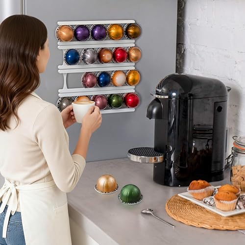 White Adhesive Coffee Pod Holder for Nespresso VertuoLine – 20-Pod Space-Saving Organizer