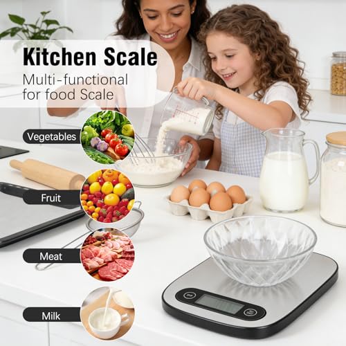 QFEISETH 11lb Digital Food Scale - White Stainless Steel Kitchen Scale with Tare Function & Backlit LCD