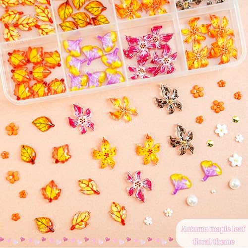 Tephrent 3D Flower Nail Charms Fall Maple Leaf Rhinestones and Pearls