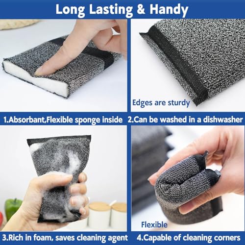 Heavy Duty Steel Wool Scrubber Sponges - Black Kitchen Cleaning (6 Pack)