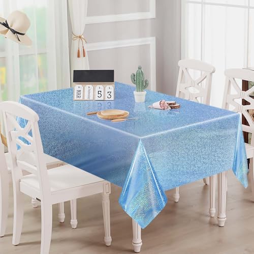 Light Blue Iridescent Plastic Tablecloth - 54 x 108 Inch Disposable Glitz Party Cover, FALIZIFU
