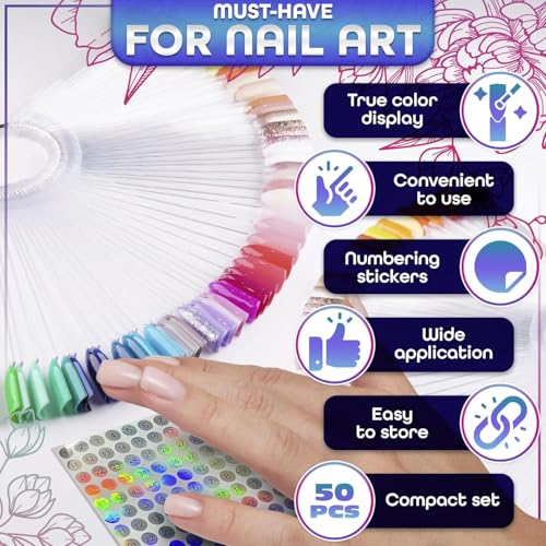 Novsix 50 Pcs Clear Nail Swatch Sticks with Metal Ring and Numbered Tips