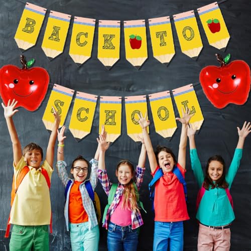 Back to School Pencil Banner with Apples Balloons Set