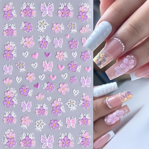 5D Embossed Flower Nail Art Stickers - Self-Adhesive Daisy & Butterfly Decals (4 Sheets)