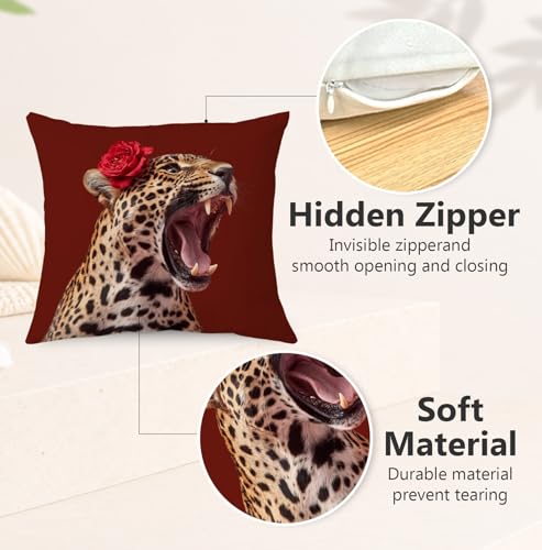 Red Floral Cheetah Throw Pillow Cover 18x18 Soft Flannelette Decorative
