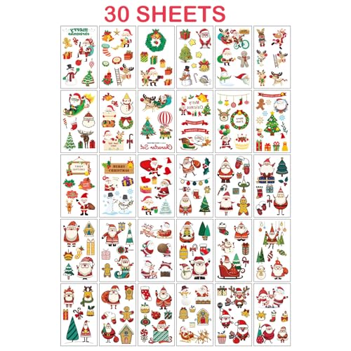 Christmas Temporary Tattoos, 30 Sheets Festive Holiday Stickers
