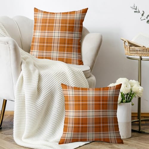 Fall Plaid Pillow Covers 18x18, Set of 2 Burnt Orange Cream Cotton Linen