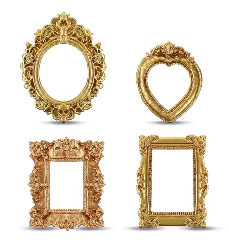 8 Pcs Mini Vintage Gold Picture Frames Set - Oval, Rectangle & Heart Shapes