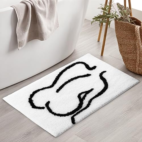 VivaNest Minimalist White Abstract Line Art Bathroom Mat 17x25in, Soft Microfiber Rug with Non-Slip TPR Back - Rectangular 1.5x2.1ft