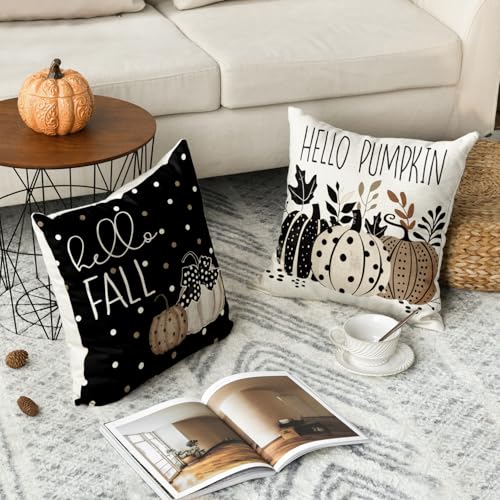 Autumn Hello Pumpkin Throw Pillow Covers - Set of 4, 18x18 Inches