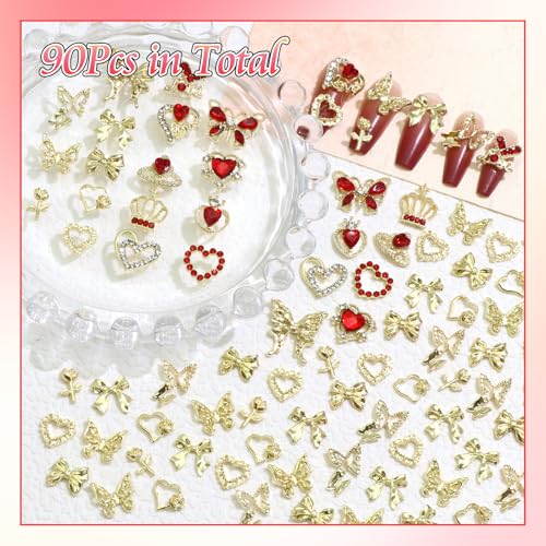 BELICEY 90Pcs Gold Nail Charms 3D Assorted Bow Heart Rhinestone Alloy Decor