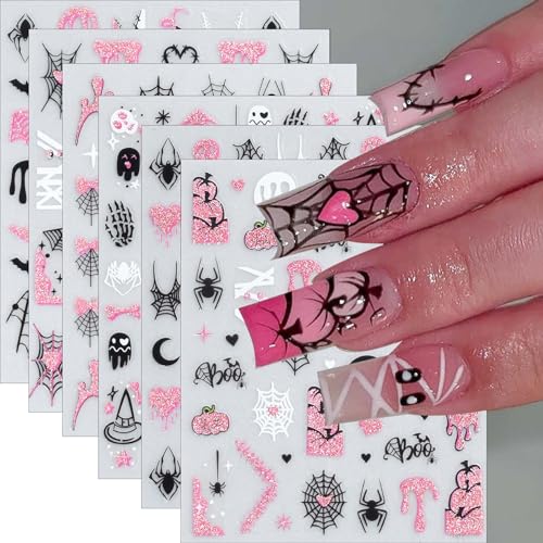 ONPRESS 6-Sheet Pink Halloween Nail Stickers 3D Self-Adhesive Spider Web Pumpkins Decals