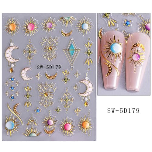 Bohemian Gold Star & Moon 5D Embossed Nail Stickers - 2 Sheets