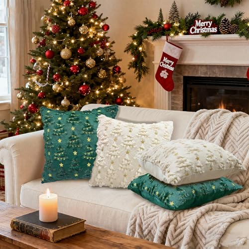 Green Christmas Pillow Covers 18x18 inch Set of 2 - Soft Plush Decor