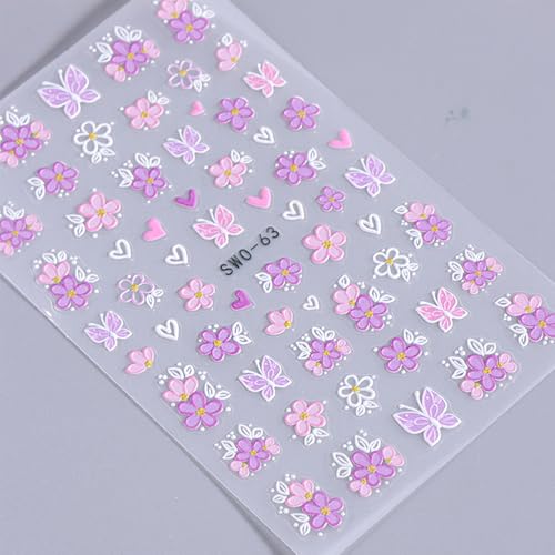 KAICCOSO 5D Embossed Floral Nail Art Stickers Butterfly Daisy Decals 2Pcs