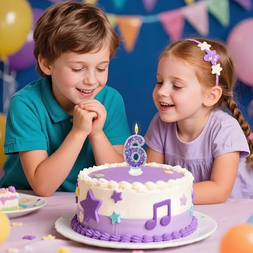 Lurevian Silver-Purple Fantasy Number 6 Birthday Candle with Glitter Star Fill, Cake Topper