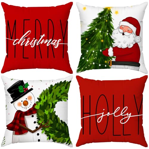Brightown Christmas Pillow Covers 18x18 Set of 4, Red Holiday Throw Cushions