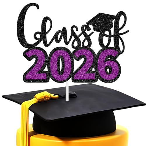 Class of 2026 Graduation Cake Topper - Black & Purple Glitter