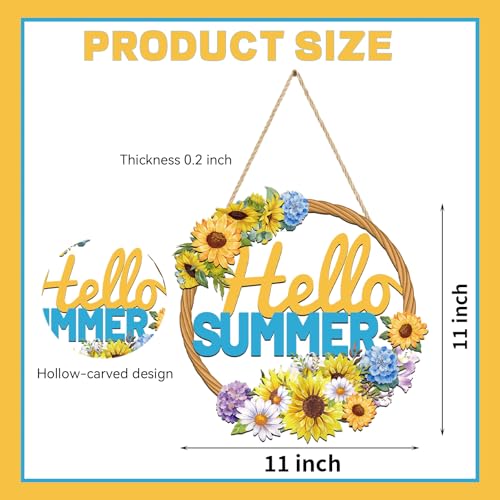 Hello Summer Sunflower Wooden Hanging Sign for Front Door Decor