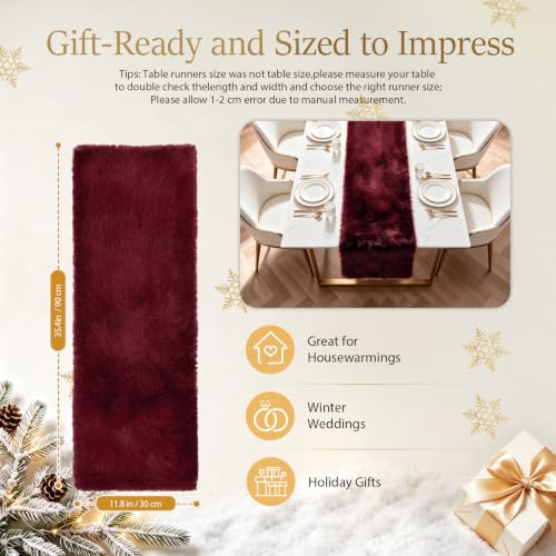 Burgundy Faux Fur Table Runner - Luxury Christmas Home Decor, 35.4 Inch
