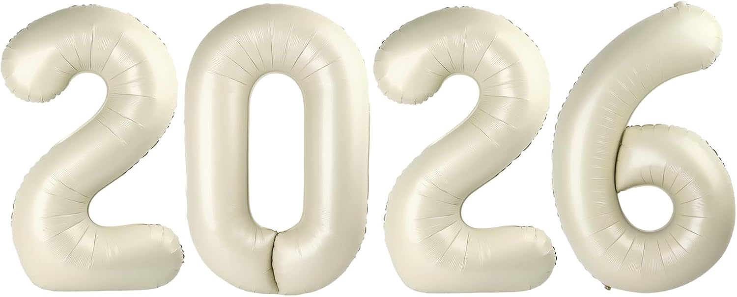 2026 Number Balloons - 40 Inch Cream White Balloons for New Year's Eve & Graduation Celebrations