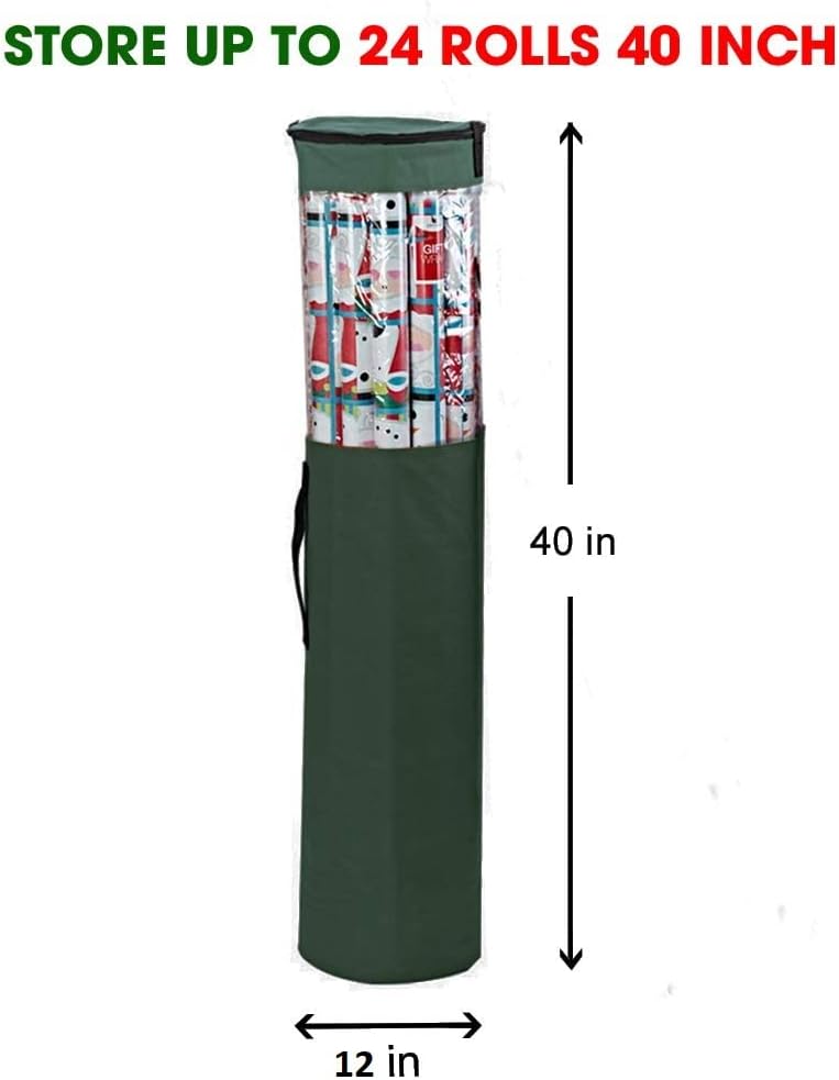 ProPik Gift Wrapping Paper Storage Organizer Bag - Holds 24 Rolls Up to 40 Inches | Heavy-Duty Polyester with Clear PVC and Zippered Top (Green)