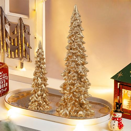 Golden Resin Christmas Tree Tabletop Decorations Set of 2 - 9.5 Inches