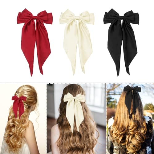 HAALII Oversized Satin Hair Barrettes - 3 Pcs Ribbon Bowknot Clips for Women
