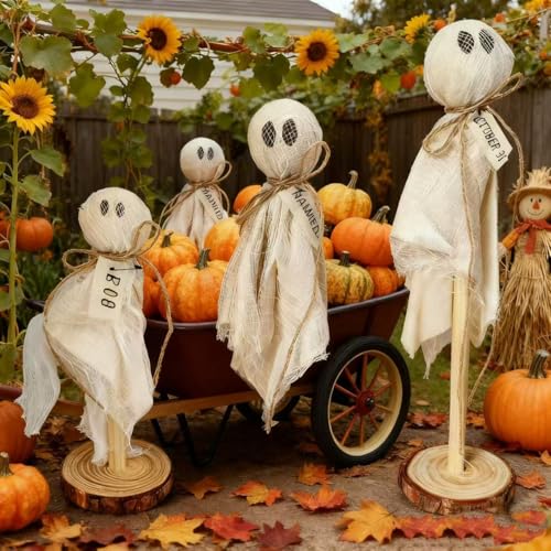 Rustic Wooden Ghost Halloween Decorations 3-Piece Farmhouse Tabletop Sitters