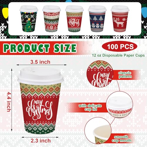 Gerrii 100 Pack Christmas Paper Cups with Lids 12 oz Ugly Sweater Style