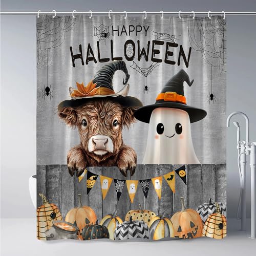 Halloween Ghost Shower Curtain - Funny Highland Cow & Pumpkin Design, 70x70 Inch