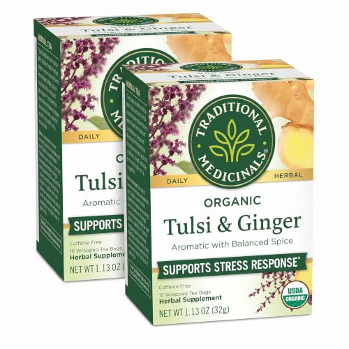 Traditional Medicinals Organic Tulsi & Ginger Herbal Tea Pack of 2 - 16 Tea Bags Each