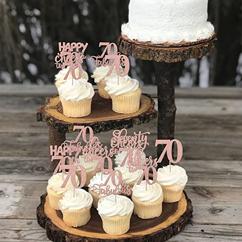 70th Birthday Rose Gold Glitter Cupcake Toppers 30 Pack