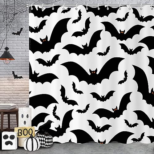 Halloween Bat Shower Curtain - Black and White Waterproof Fabric 72x72