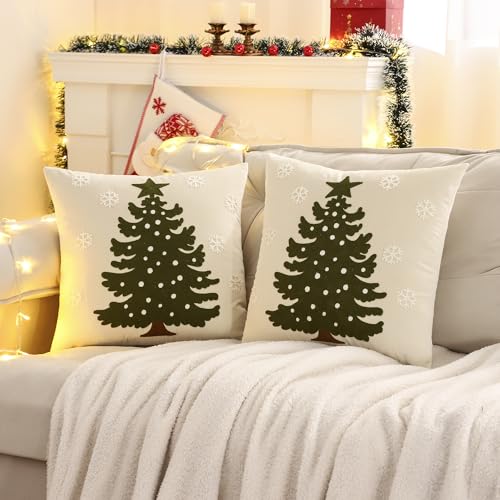Christmas Tree Velvet Pillow Covers 18x18, Set of 2 Beige Holiday Cushions
