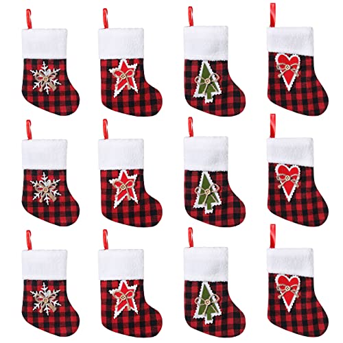 Mini Christmas Stockings Buffalo Plaid Set of 12 - 7 Inch Holiday Decor